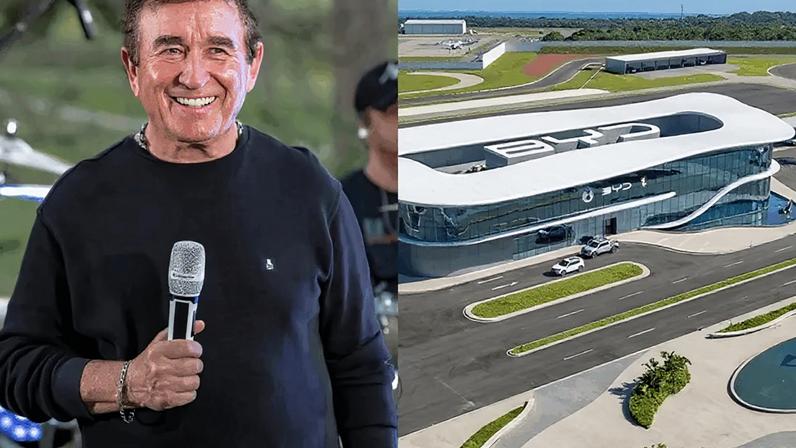 Na imagem, à esquerda, o cantor sertanejo, Amado Batista, e, à direita, a fábrica da montadora chinesa BYD em Camaçari (BA)