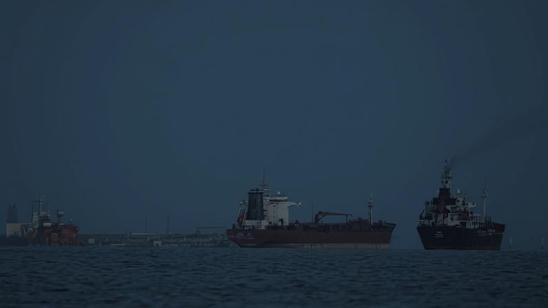 Petroleiros e navios de carga alinhados no Estreito de Ormuz — Foto: Altaf Qadri / Associated Press (AP)