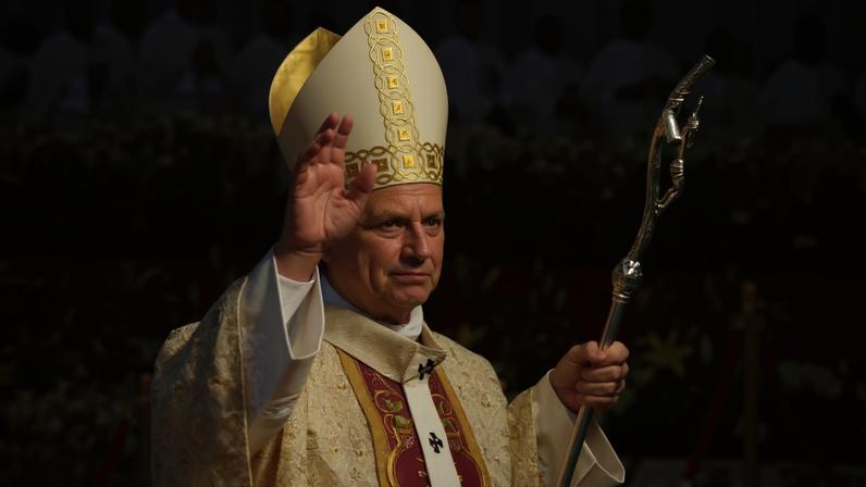 Papa Leão XIV em uma missa na Guiné Equatorial. — Foto: Misper Apawu/AP