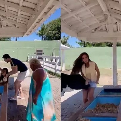 Vaca dá cabeçada em Nicole Bahls, que cai em bebedouro na fazenda