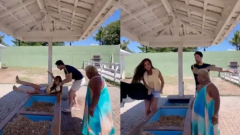 Vaca dá cabeçada em Nicole Bahls, que cai em bebedouro na fazenda