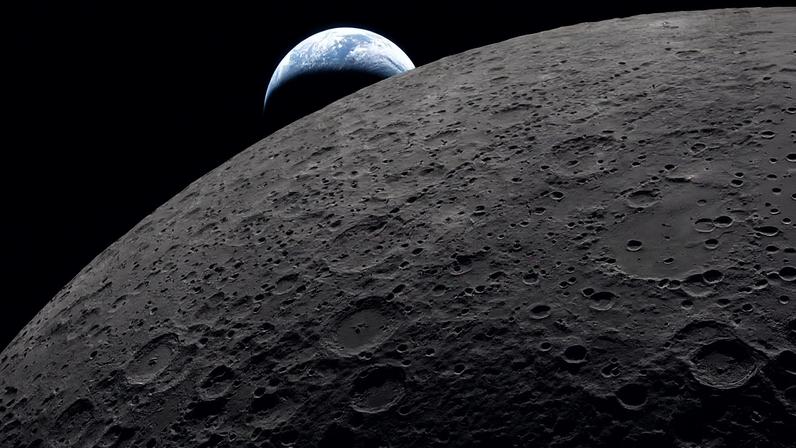 A superfície lunar preenche o quadro com detalhes nítidos, como visto durante o sobrevoo lunar da missão Artemis II, enquanto a Terra, ao longe, se põe ao fundo - Metrópoles