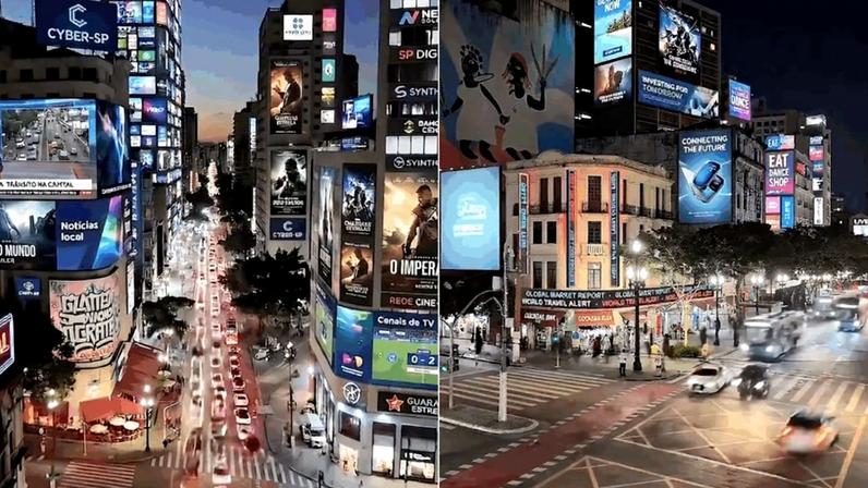 Acima, projeção criada com IA do centro de SP depois da instalação dos leds