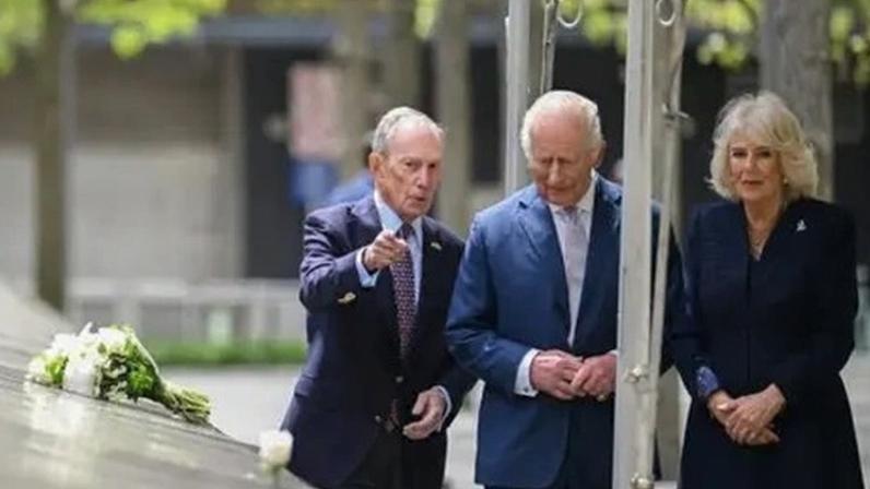 From left: Michael Bloomberg, King Charles III and Queen Camilla at the 9/11 Memorial and Museum