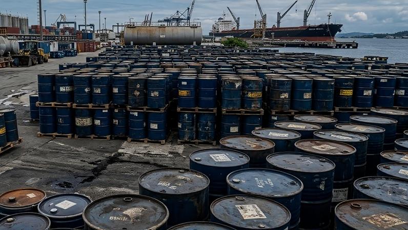 Na imagem, criada com inteligência artificial, barris de petróleo em um porto