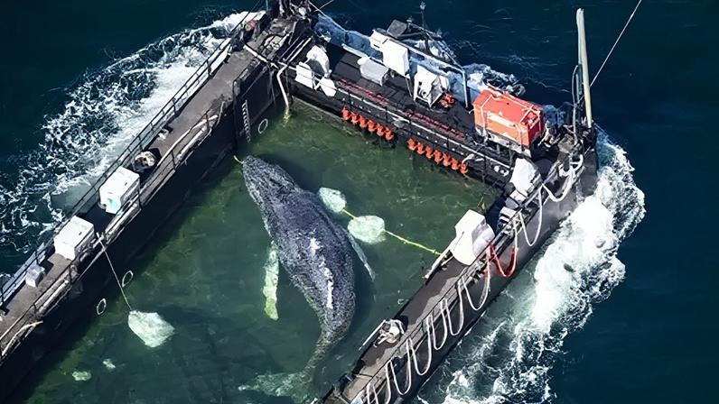 The whale was pictured swimming in the barge as it was towed out of German waters