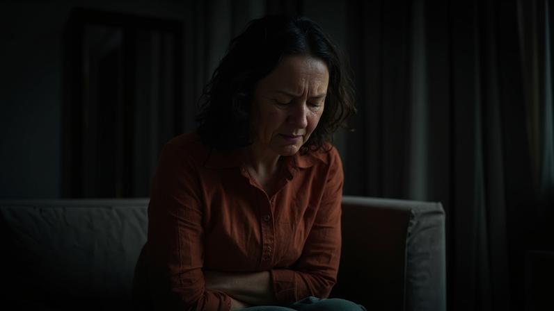 Getty Images Stock image of woman with curly brown shoulder length hair sitting on a grey softa. Her arms are folded over her abdomen and she appears to be grimacing and upset in pain. She wears a terracotta shirt and green trousers. There is light coming in through a nearby window.