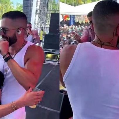 Mari Gonzalez e Pipo Marques dançam coladinhos durante show do cantor