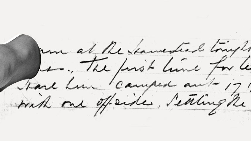 An illustration of a hand holding a calligraphy pen with a hand written letter in the background