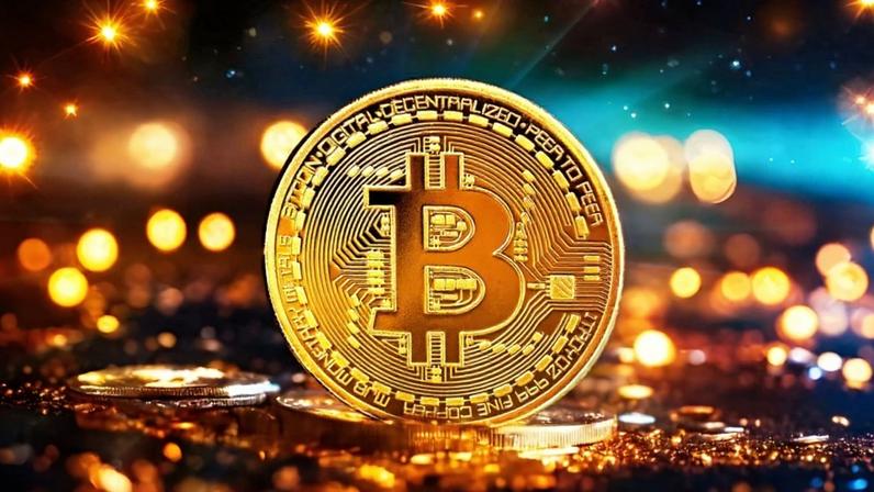 moeda de bitcoin em meio a fotons dourados