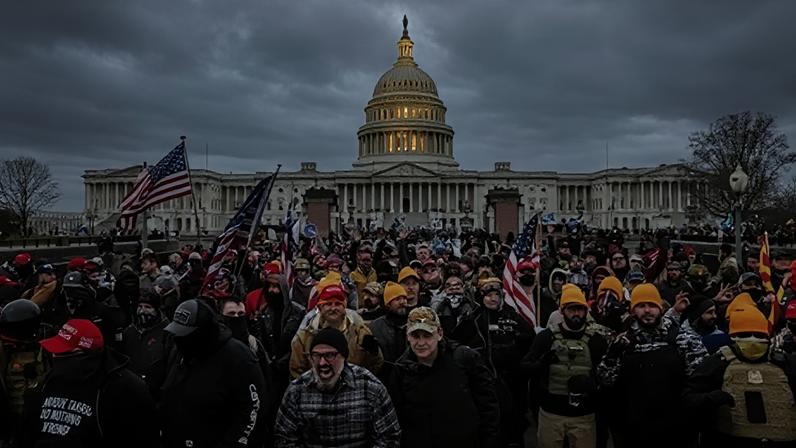 Getty Images pro-Trump protesters, including Proud Boys leader Joe Biggs, (plaid shirt at bottom center of frame,) gather in front of the U.S. Capitol Building on January 6, 2021 in Washington, DC.