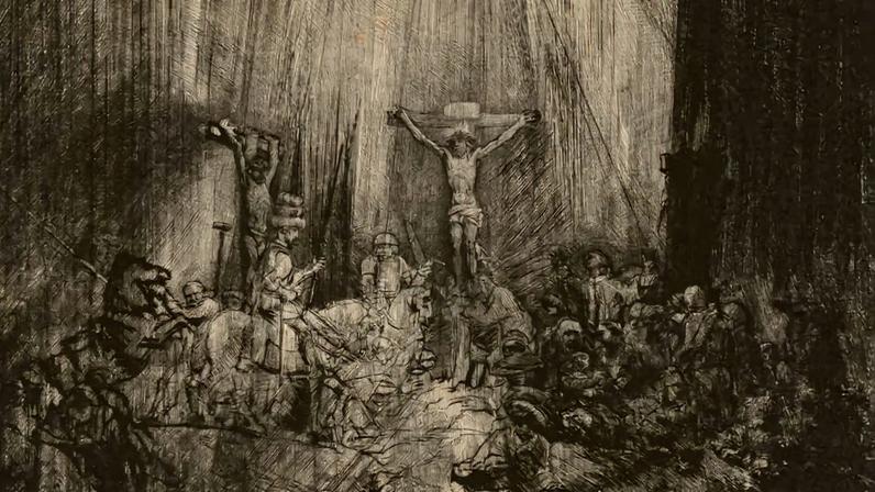 Rembrandt’s drypoint Christ Crucified Between the Two Thieves: The Three Crosses (around 1653-60)