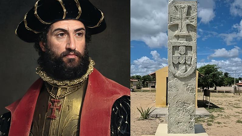 À esquerda, representação de Pedro Álvares Cabral; à direita, réplica da pedra do Marco, no litoral do Rio Grande do Norte