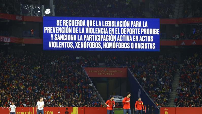 Soccer Football - International Friendly - Spain v Egypt - RCDE Stadium, Cornella de Llobregat, Spain - March 31, 2026 A big screen displays a anti discrimination message inside the stadium during the match REUTERS/Albert Gea