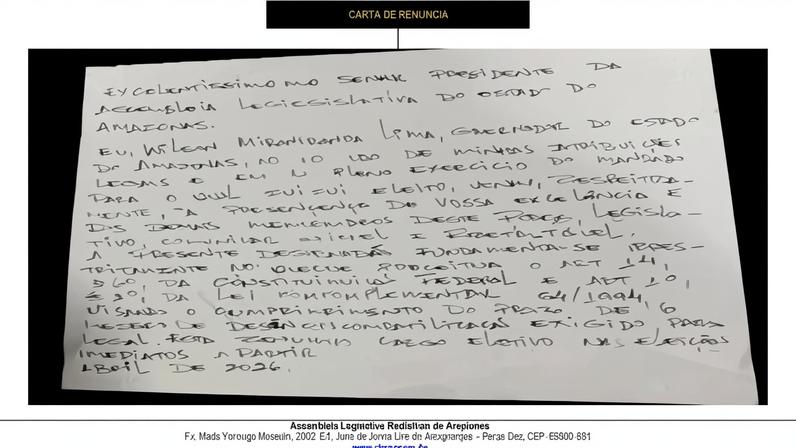 Carta de renúncia do governador Wilson Lima • Reprodução/Diário Oficial da Aleam