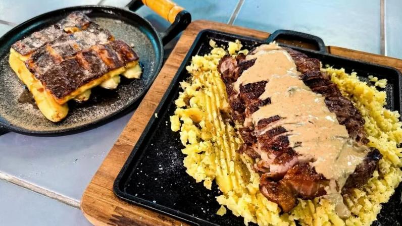 Bife de chorizo com cama de batatas e cartola do Thiago Oliveira — Foto: Igor Trípoli/Globo