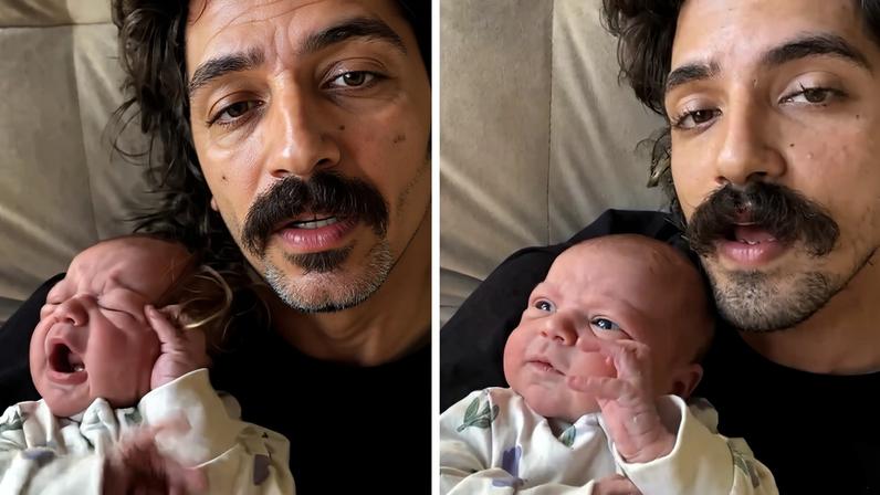 Bebê para de chorar para ouvir o pai cantar — Foto: Reprodução/Instagram