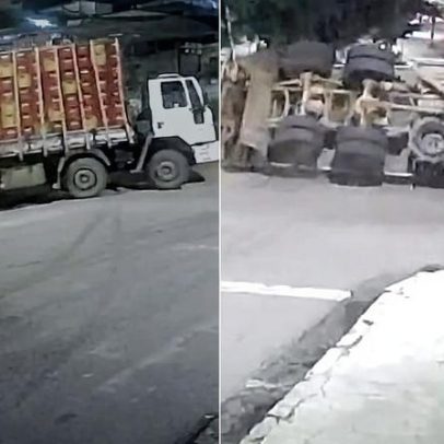 Caminhão de laranjas tomba, carga é furtada e rua fica interditada em BH