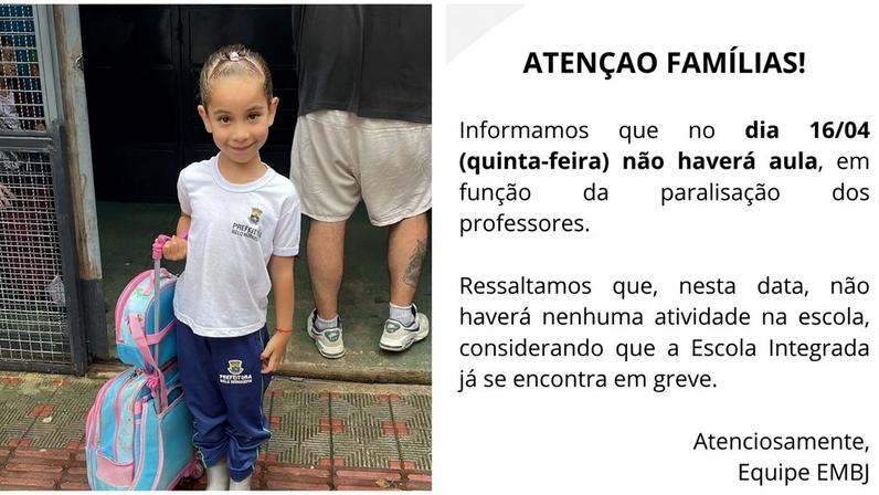 A pequena Sofia, de 6 anos, filha da jornalista Isadora Troncoso Doehler; ao lado, o comunicado da Escola Municipal Benjamin Jacob sobre a paralisação