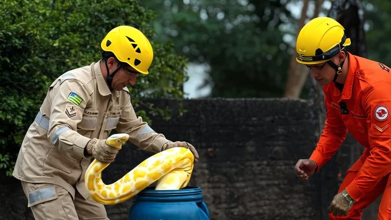 imagem colorida bombeiros resgatam cobra piton aruanã