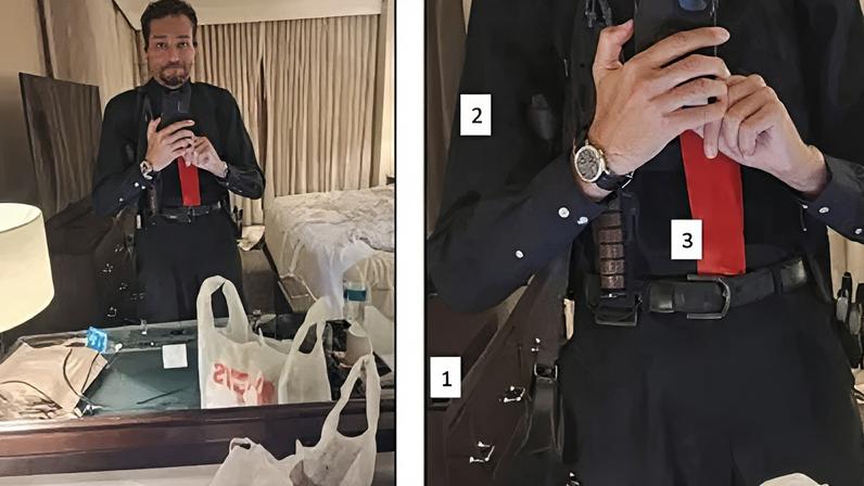 Selfie mostra atirador de jantar com Trump armado com pistolas e facas