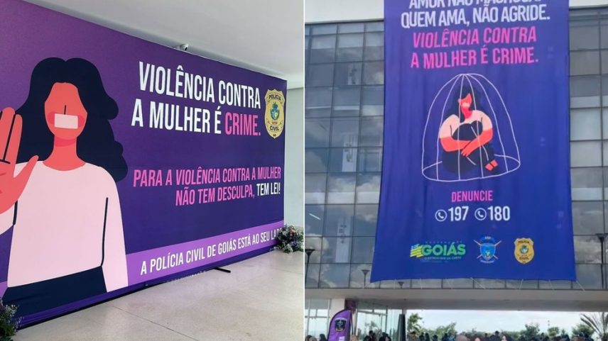Campanha de enfrentamento à violência contra a mulher exibida em evento do governo de Goiás em Goiânia — Foto: Bárbara França/g1