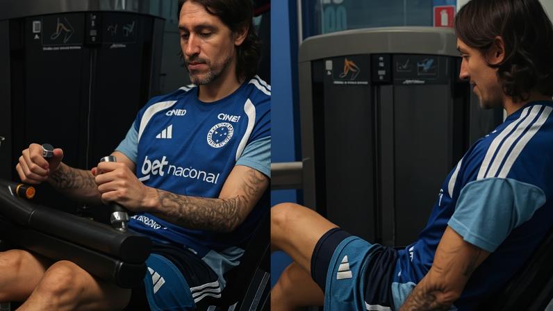 Cássio faz exercícios de fortalecimento muscular na academia do Cruzeiro na Toca