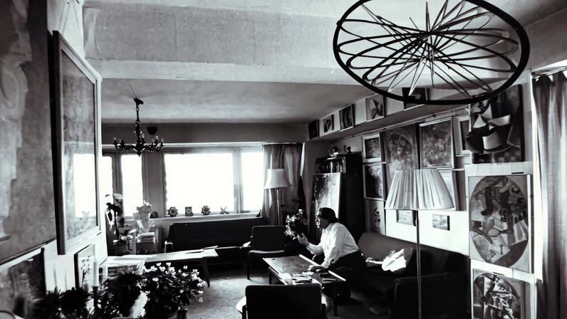 George Costakis in his apartment on Vernadsky avenue, Moscow in the mid-1970s