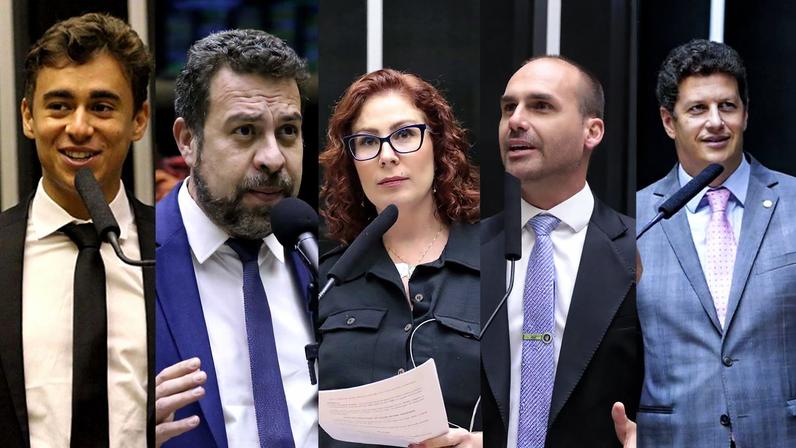 Nikolas Ferreira (PL-MG), Guilherme Boulos (PSOL-SP), Carla Zzambelli (PL-SP), Eduardo Bolsonaro (PL-SP) e Ricardo Salles (PL-SP) — Foto: Reprodução/ Câmara dos Deputados