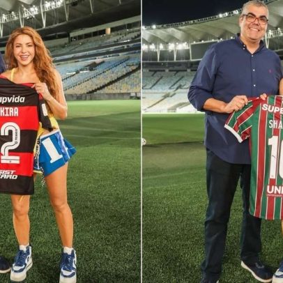 Shakira ganha camisas FlaFlu e autografa uniforme da Seleção Brasileira