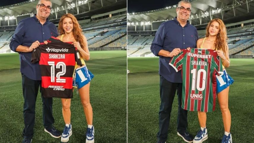 Com as cores do Brasil, Shakira vai ao Maracanã, autografa bola e ganha camisas de Flamengo e Fluminense