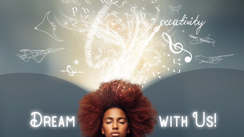 Dream with Us graphic, showing a female African American dreaming up aeronautics ideas.