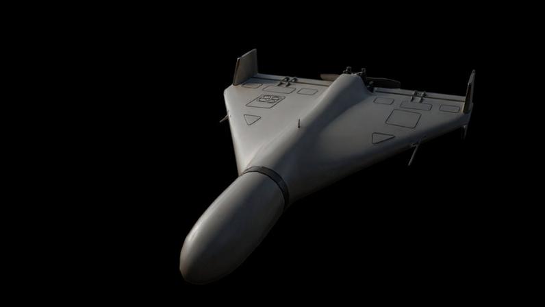 A 3-D rendering of an Iranian Shahed-136 drone, a device with two triangle-shaped wings attached to a central fuselage. It has an engine the size of a small motorcycle’s and carries 110 pounds of explosives.