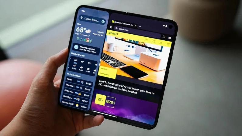 Samsung's Fold 7 on top of iPhone 16 Pro Max and Galaxy S24 Ultra.