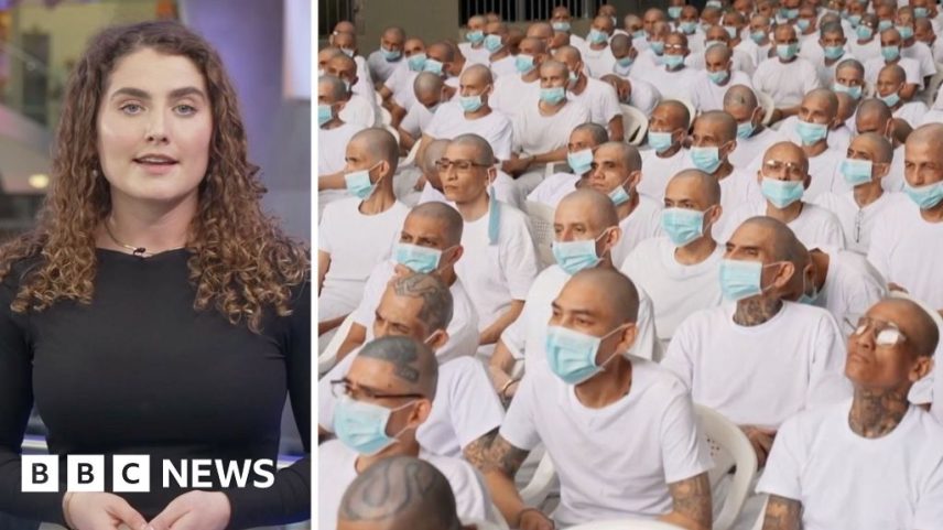 Splitscreen which shows reporter Mimi Swaby on the left and a picture of several men on trial in a prison