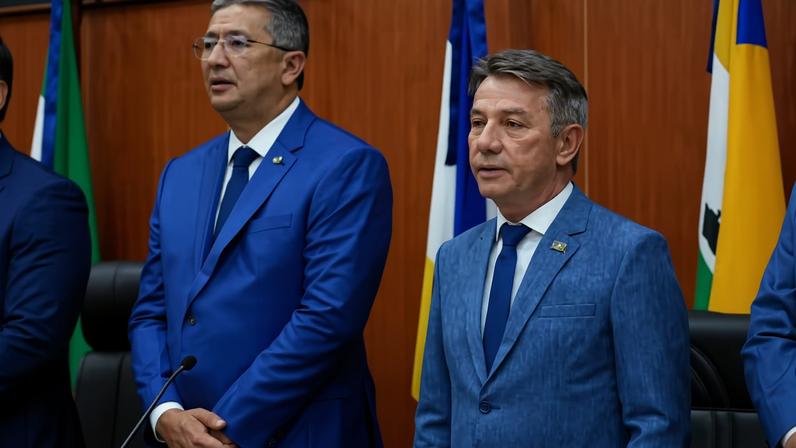 Edilson Damião e Antonio Denarium durante cerimônia de posse na Assembleia Legilstiva de Roraima. — Foto: Marley Lima/Ale-RR/Reprodução/Arquivo