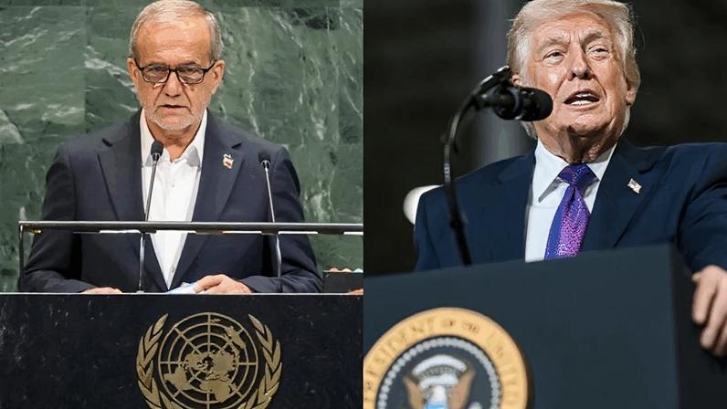 Na imagem, o presidente o Irã, Masoud Pezeshkian (à dir.) e o presidente dos EUA, Donald Trump (à esq.)