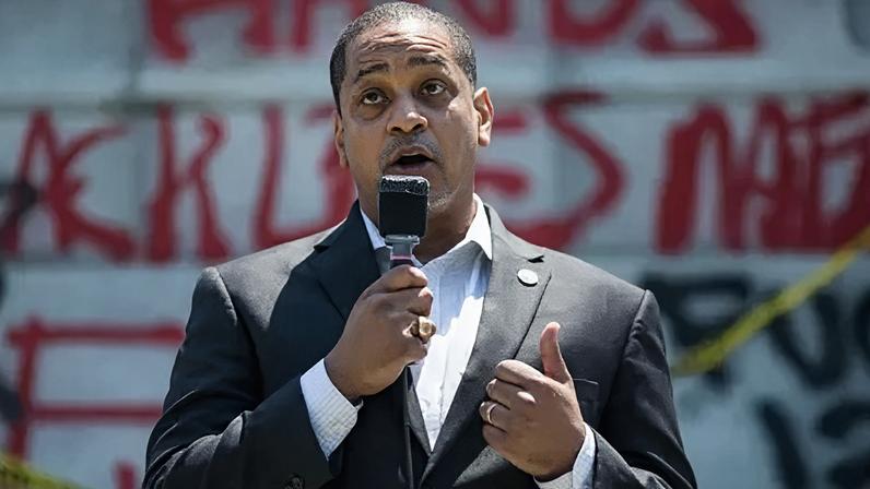 Getty Images Justin Fairfax speaks at a gathering in 2020