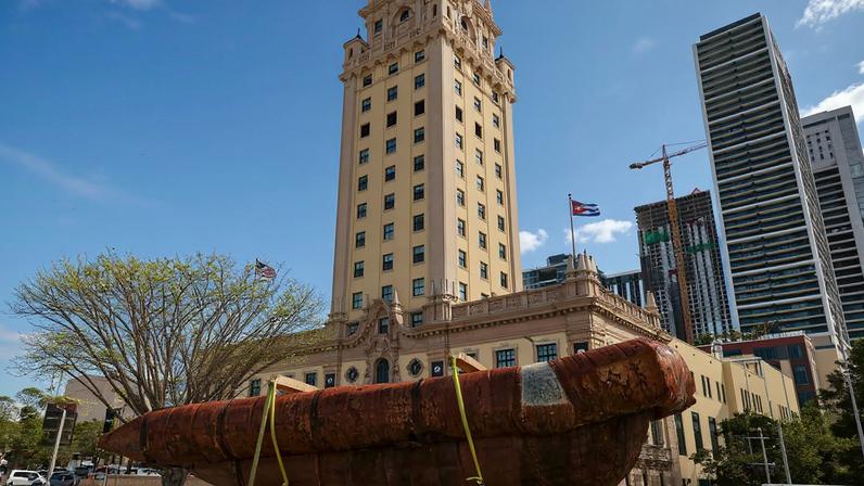 Exile, a vessel built from steel barrels to bring Cubans across the Florida Straits, passed Miami’s famed Freedom Tower en route to Antonia Wright and Ruben Millares’s studio
