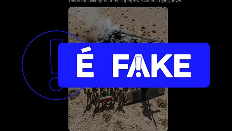É #FAKE que foto mostre helicóptero militar americano abatido no deserto do Irã; imagem foi criada com IA do Google — Foto: Reprodução