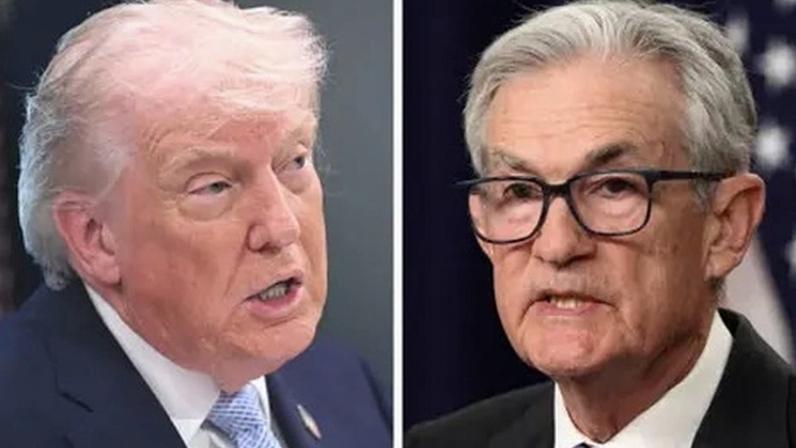 AFP via Getty Images/Reuters A picture split in two. on the left, Trump wears a blue suit and looks to his left. On the right, Powell wears a black suit and black glasses. Both men look serious.