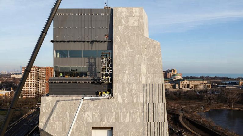 The 225ft tower of the Obama Presidential Center houses the museum. The 19.3-acre campus in Jackson Park also includes the Obama Foundation