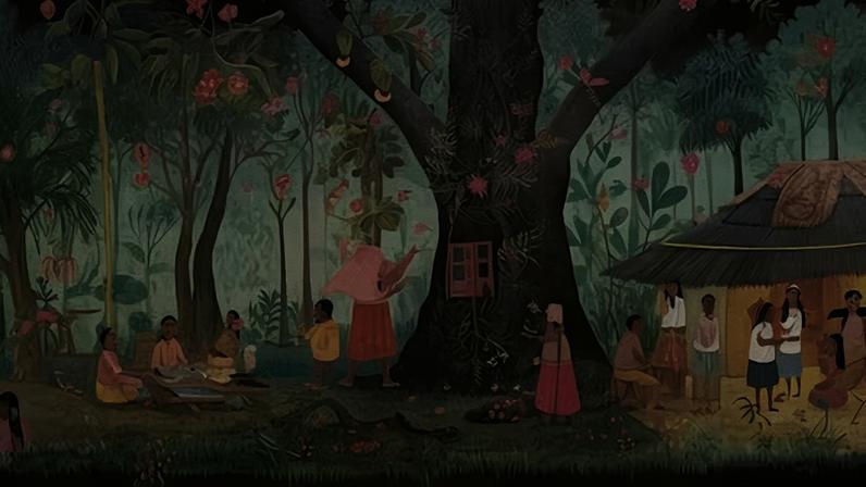 Uma das imagens geradas no projeto IA/AI. Cenas da vida comunitária indígena em 2050 foram imaginadas pelos participantes do projeto e criadas pela IA, com interpretações bastante distintas, tanto pelos participantes quanto pela ferramenta digital. — Foto: Artista Haylly / Galeria do projeto IA/AI: Inteligência Artificial, Arte e Indigeneidade