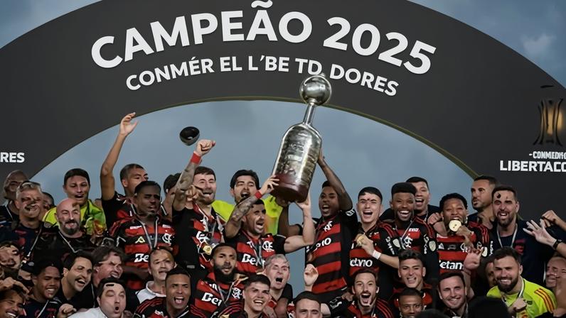 Elenco do Flamengo levanta a taça da Libertadores 2025