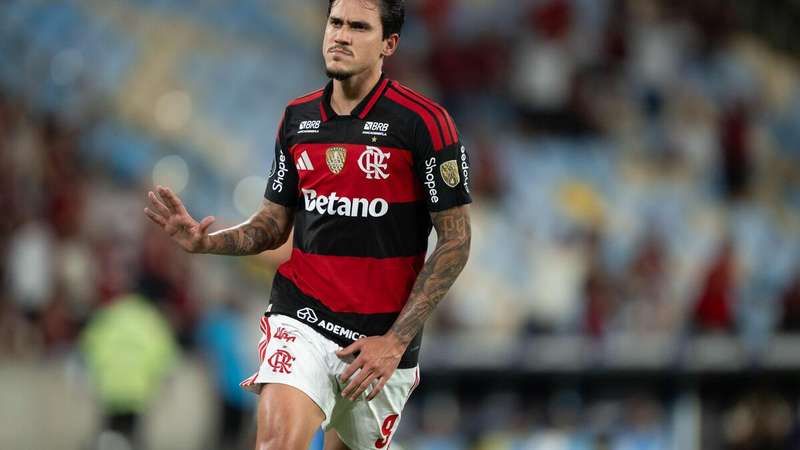 Pedro (Flamengo) celebrando seu gol contra o Independiente Medellín, no dia 16.04.2026.