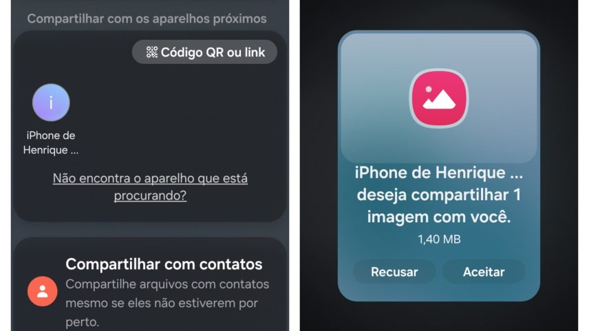 Envio e recebimento de arquivos de iPhone no Galaxy S26 Ultra por AirDrop — Foto: Reprodução