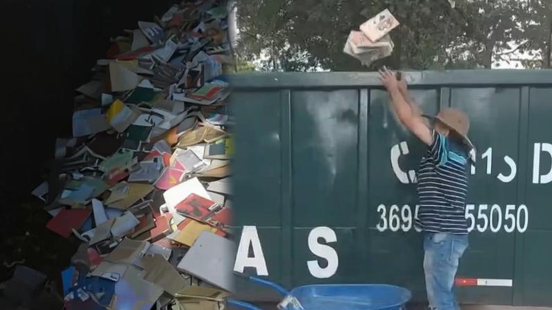 Livros de biblioteca pública de Osasco foram descartados em caçamba de lixo — Foto: Reprodução/TV Globo