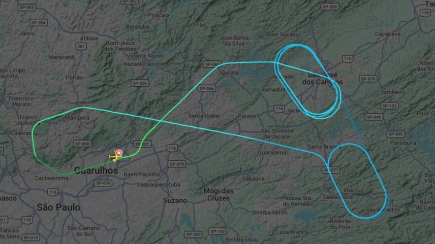 Histórico de voo de aeronave da Latam com destino aos EUA, que teve de retornar ao Aeroporto Internacional de SP, em Guarulhos — Foto: Reprodução/FlightRadar