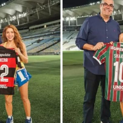 Shakira visita o Maracanã e recebe camisas de Flamengo e Fluminense