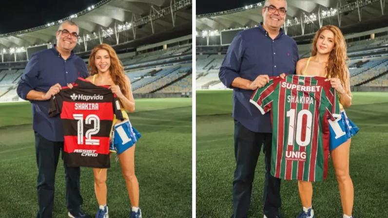 Shakira visita o Maracanã e recebe camisas de Flamengo e Fluminense
